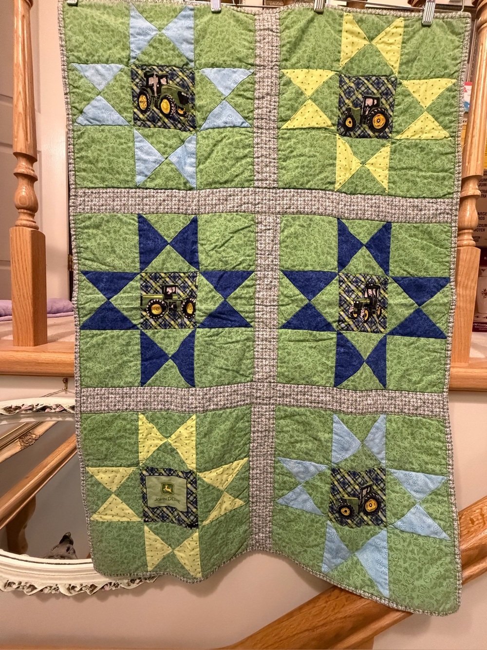 John Deere handmade Green Star Patchwork Baby Quilt with Tractor Motifs